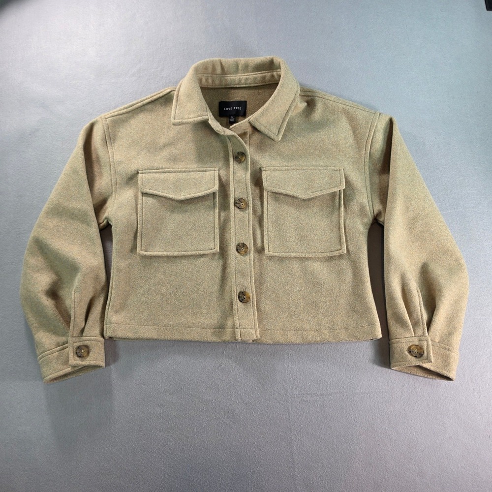 Love Tree Tan Cropped Fleece Shacket Small Button Up Shirt Jacket Cozy
